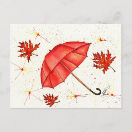 Ljusröd paraply och röd löv vattenfärg vykort