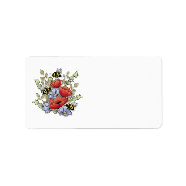 Ljusröda POPIES, Blåa blommor, BES Adressetikett (Framsidan)