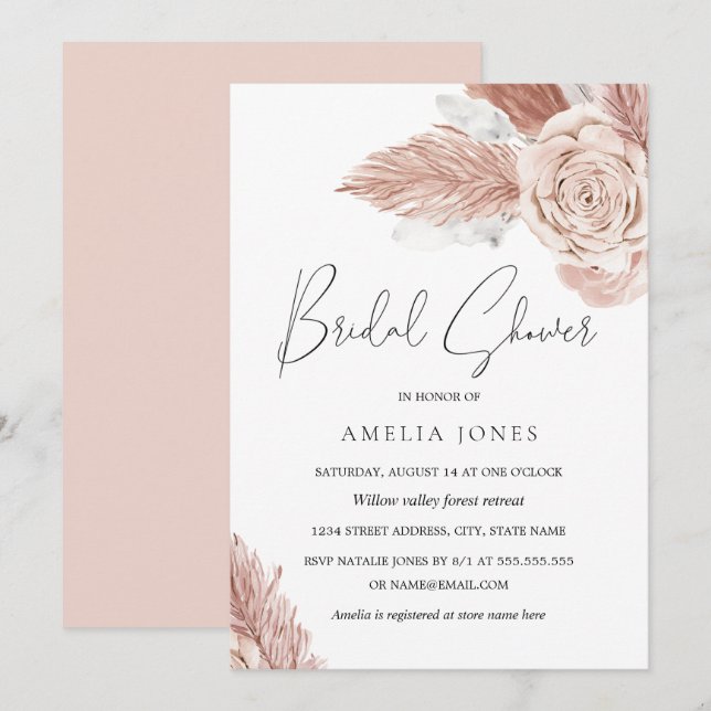 Ljusrosa akvarell Boho blommor bröllopsdusch Inbjudningar (Fram/baksida)