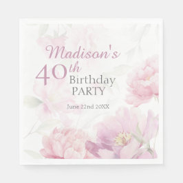 Ljusrosa akvarell peony 40-års födelsedag pappersservett