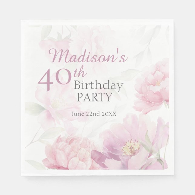 Ljusrosa akvarell peony 40-års födelsedag pappersservett (Framsidan)