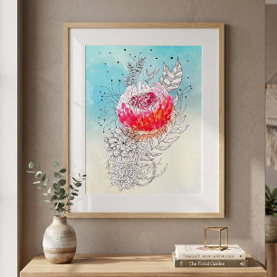 Ljusrosa akvarellblomma bläckdoodlekonst poster