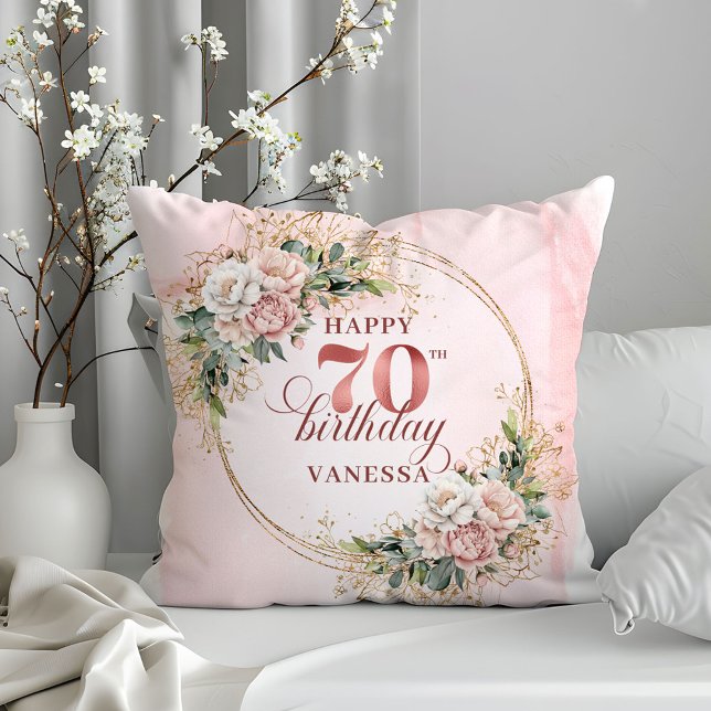 Ljusrosa akvarellblommor Kudde 70-årsdag (Light Pink Watercolor Flowers Pillow 70th Birthday Pillow)