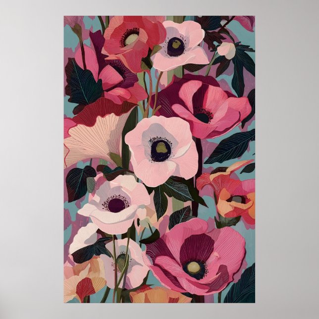 Ljusrosa Anemon Blommigtryck Modern Magenta Poster (Framsidan)