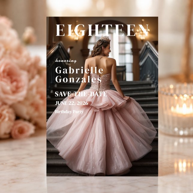 Ljusrosa artonde födelsedagsinbjudan spara datumet (Elegant blush pink save the date featuring a glamorous sweet eighteen celebration.)