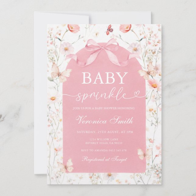 Ljusrosa Baby Sprinkle Vildblomma Barnkalas Inbjudningar (Framsida)