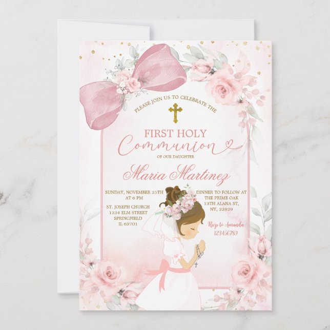 Ljusrosa båge Coquette flicka första nattvarden Inbjudningar (Framsida)