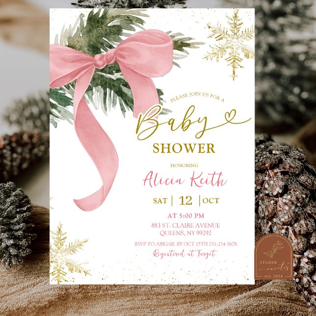 Ljusrosa band coquette vinter baby shower inbjudningar (Skapare uppladdad)
