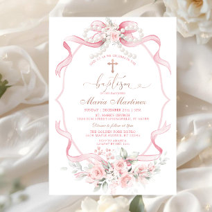 Ljusrosa band rosett pärl floral dop dopinvigning inbjudningar