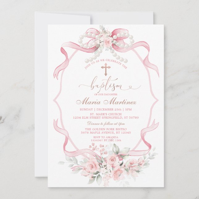 Ljusrosa band rosett pärl floral dop dopinvigning inbjudningar (Framsida)