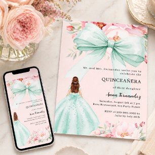 Ljusrosa band rosettgrön klänning Quinceanera Inbjudningar