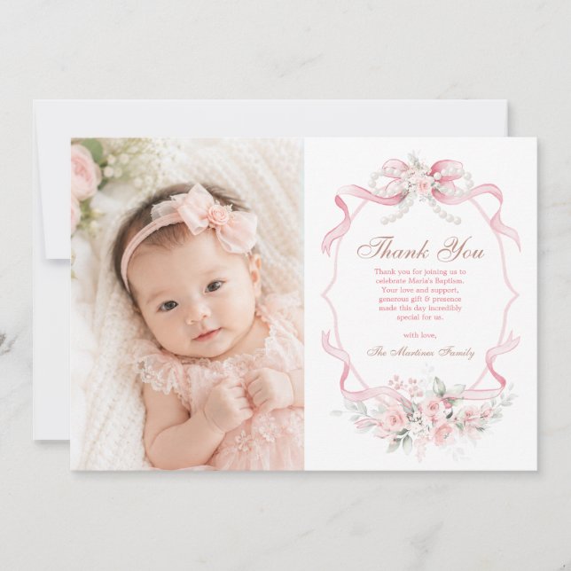 Ljusrosa band snäckformad pärl floral dop dop tack kort (Framsida)