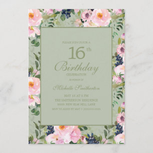 Ljusrosa blommande mintgrön 16-årsdag inbjudningar