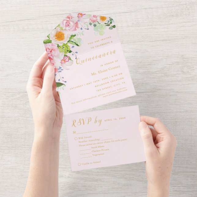 Ljusrosa blommig RSVP Trefaldig Evenemangsinbjudan (Avrivbar del)