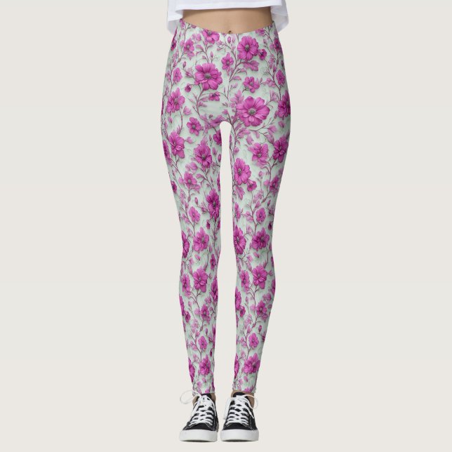 Ljusrosa blommönster med magenta blommor leggings (Framsida)