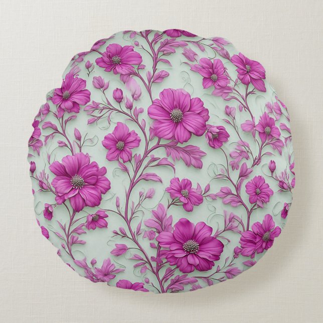 Ljusrosa blommönster med magenta blommor rund kudde (Framsidan)