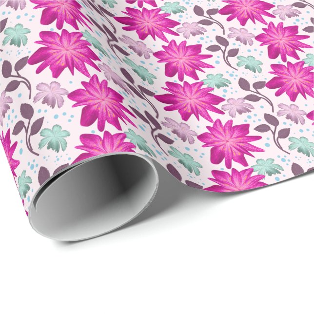 Ljusrosa blommönster | Modärna blommor  Presentpapper (Rullad Hörn)