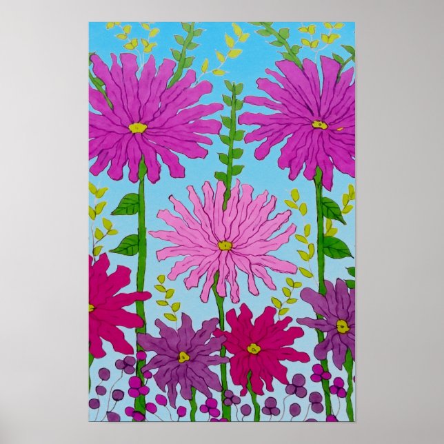 Ljusrosa blomningsteckning på blå bakgrund poster (Framsidan)