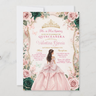 Ljusrosa blomster- och grön Quinceañera-inbjudan Inbjudningar
