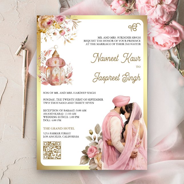 Ljusrosa blomster QR-kod Anand Karaj Sikh bröllop Inbjudningar (Skapare uppladdad)