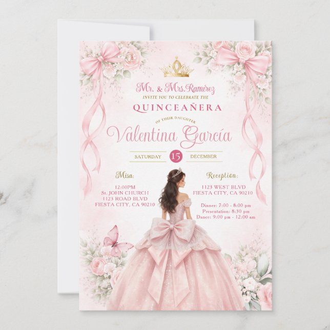Ljusrosa blomsterbåge band Quinceañera Inbjudningar (Framsida)