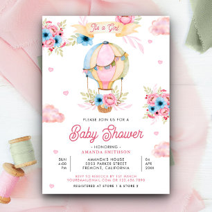 Ljusrosa blomsterballong flicka baby shower inbjudningar