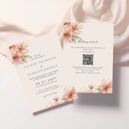 Ljusrosa blomsterelegant skript Bröllops QR-kod Inbjudningar