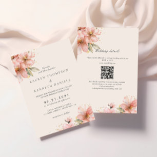 Ljusrosa blomsterelegant skript Bröllops QR-kod Inbjudningar