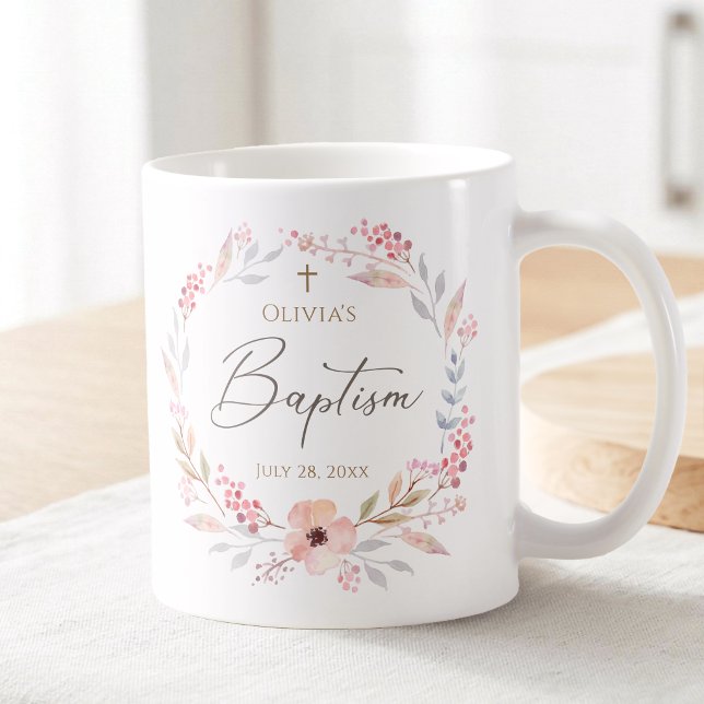 Ljusrosa blomsterflicka Dop Kaffemugg (Blush Pink Floral Girl Baptism Coffee Mug)