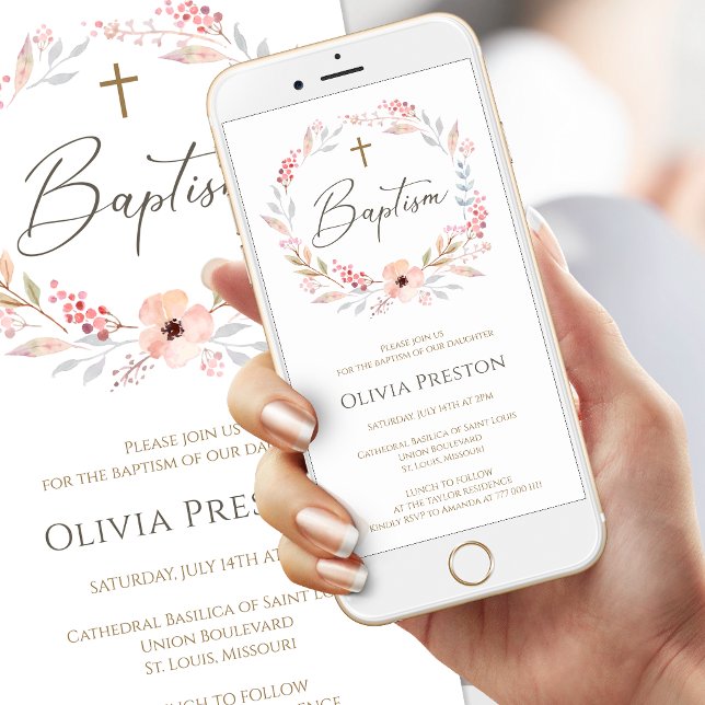 Ljusrosa blomsterflicka Dop Mobil Inbjudan (Blush Pink Floral Girl Baptism Mobile Invitation)