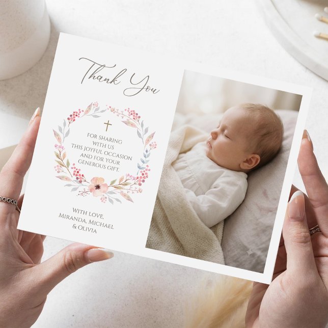 Ljusrosa blomsterflicka Dop Tacksamhetskort Tack Kort (Blush Pink Floral Girl Baptism Thank You Card)