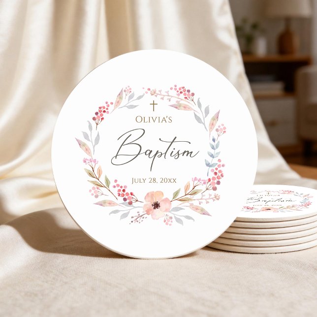 Ljusrosa blomsterflicka Dop Underlägg Papper Rund (Blush Pink Floral Girl Baptism Round Paper Coaster)