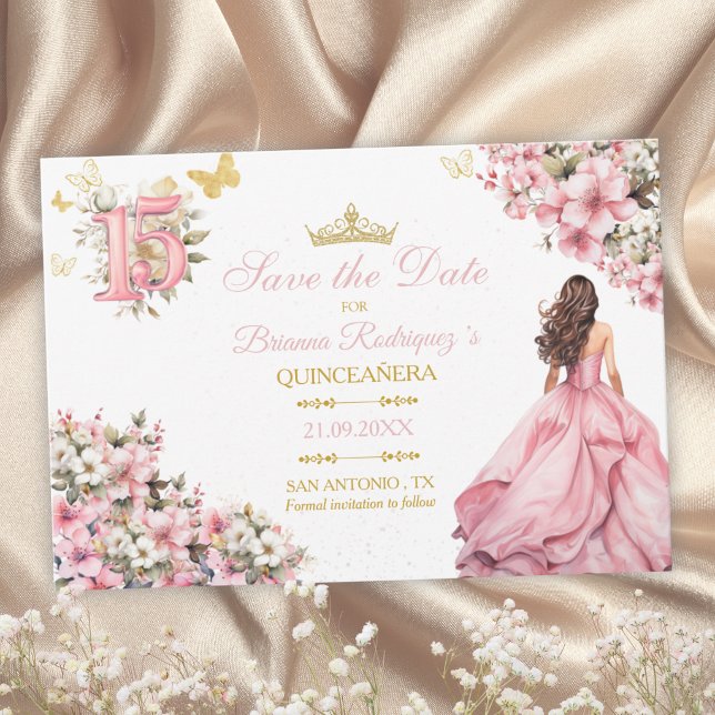 Ljusrosa blomsterguld fjärilar Quinceañera Spara Datumet (Skapare uppladdad)