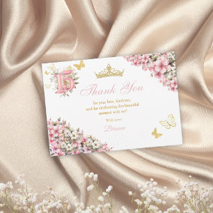 Ljusrosa blomsterguld fjärilar Quinceañera Tack Kort