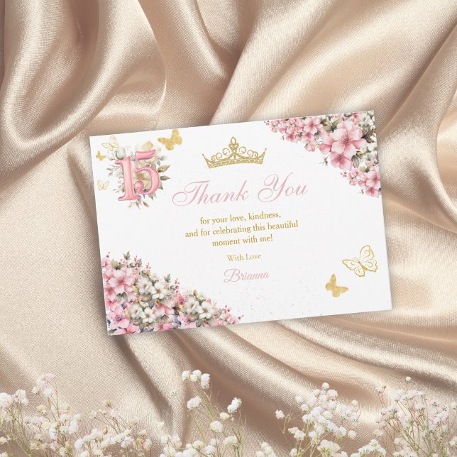 Ljusrosa blomsterguld fjärilar Quinceañera Tack Kort (Skapare uppladdad)