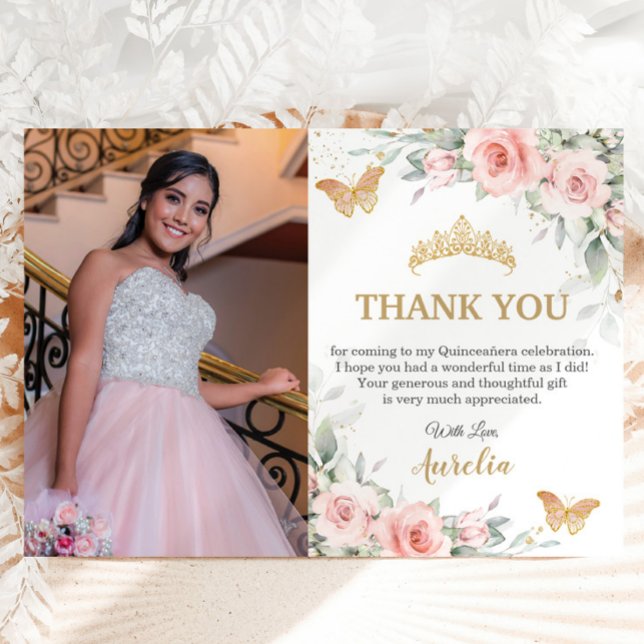 Ljusrosa blomsterguld krona Quinceañera Foto  Tack Kort (Delicate Blush pink floral butterflies Quinceañera sweet 16 birthday photo thank you cards printed)