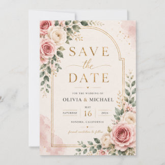Ljusrosa blomsterkort för Save the Date | Akvarell Spara Datumet