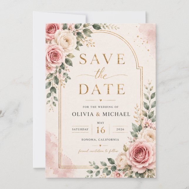 Ljusrosa blomsterkort för Save the Date | Akvarell Spara Datumet (Framsida)