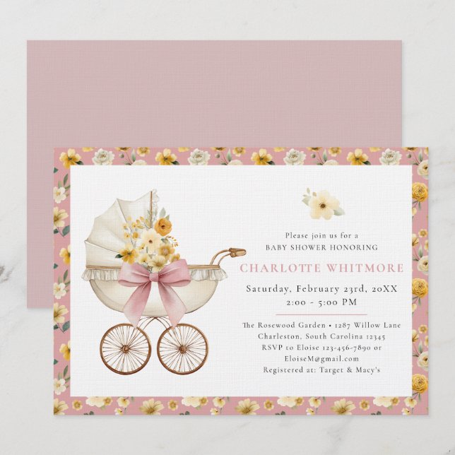Ljusrosa blomsterlig baby shower firande inbjudningar (Fram/baksida)