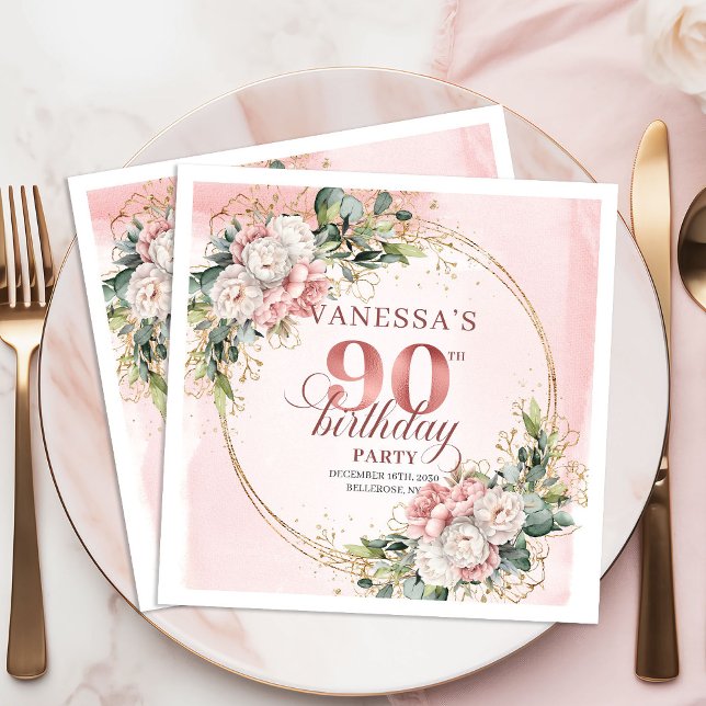 Ljusrosa bohemisk blomster 90-årsfest  pappersservett (Light Pink Bohemian Floral 90th Birthday Party Napkins)