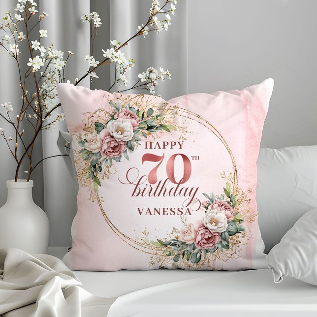 Ljusrosa boho-kudde med grönska 70-årsdag kudde (Light Pink Boho Pillow with Greenery 70th Birthday Pillow)