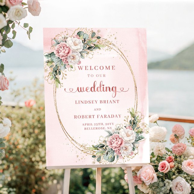 Ljusrosa Boho Rose Gold Blommig Grönska Bröllop  Poster (Light Pink Boho Rose Gold Floral Greenery Wedding Welcome)