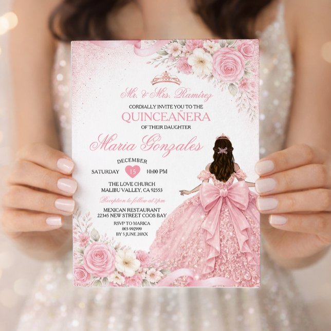 Ljusrosa Bow Prinsessa Blommig Flicka Quinceañera Inbjudningar (Skapare uppladdad)