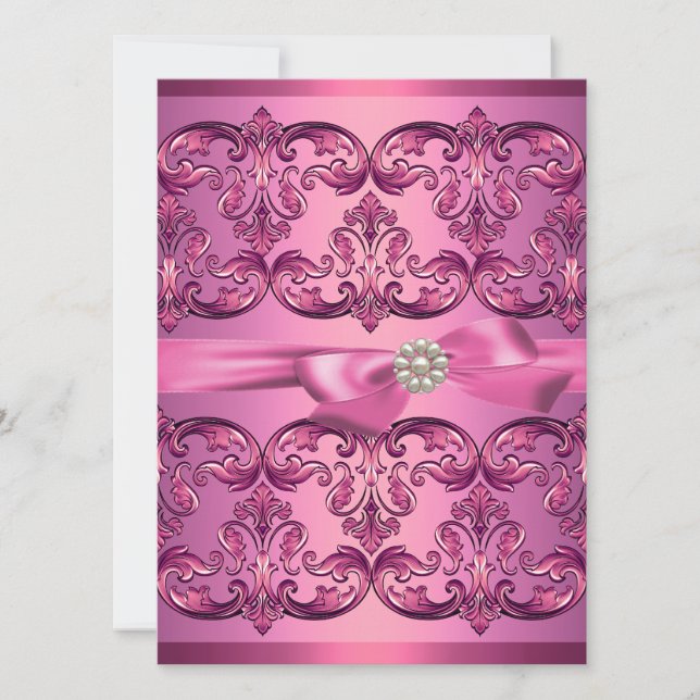 Ljusrosa Damask & Bow Sweet16 födelsedagsinbjudan Inbjudningar (Framsida)