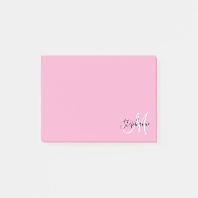 Ljusrosa Elegant Svart och Vit Monogram Post-it Block (Framsida)