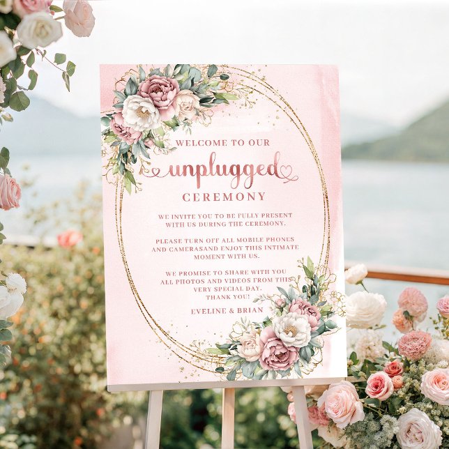 Ljusrosa eukalyptus Unplugged-ceremoni-skylt Poster (Light Pink Eucalyptus Unplugged Ceremony Sign

)