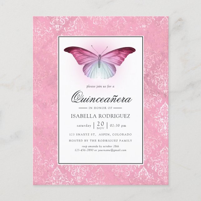 Ljusrosa fjäril Quinceañera Flygblad (Framsidan)