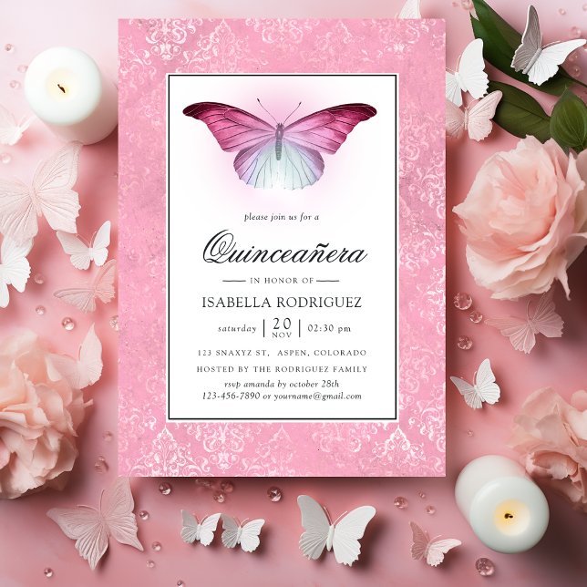 Ljusrosa fjäril Quinceañera Inbjudningar (Skapare uppladdad)