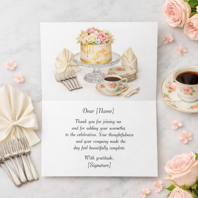 Ljusrosa födelsedagstårta tackkort   (Elegant Premium Thank You Card with Watercolor Cake & Coffee Artwork and Inside Message Template)