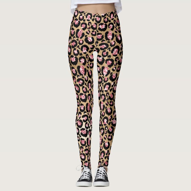 Ljusrosa folie & guldglitter leopardfläckar leggings (Framsida)